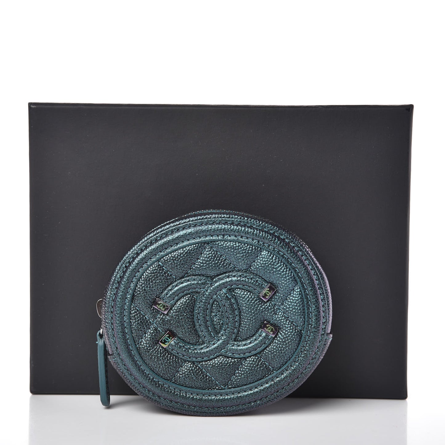 Iridescent Caviar Quilted Filigree Zip Around Classic Coin Purse Dark Turquoise