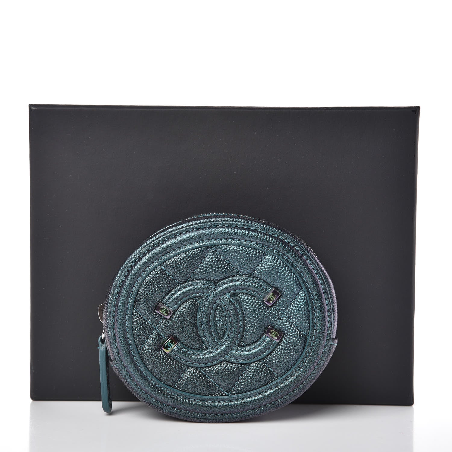 Chanel Iridescent Caviar Quilted Filigree Zip Around Classic Coin Purse Dark Turquoise 8 of 8