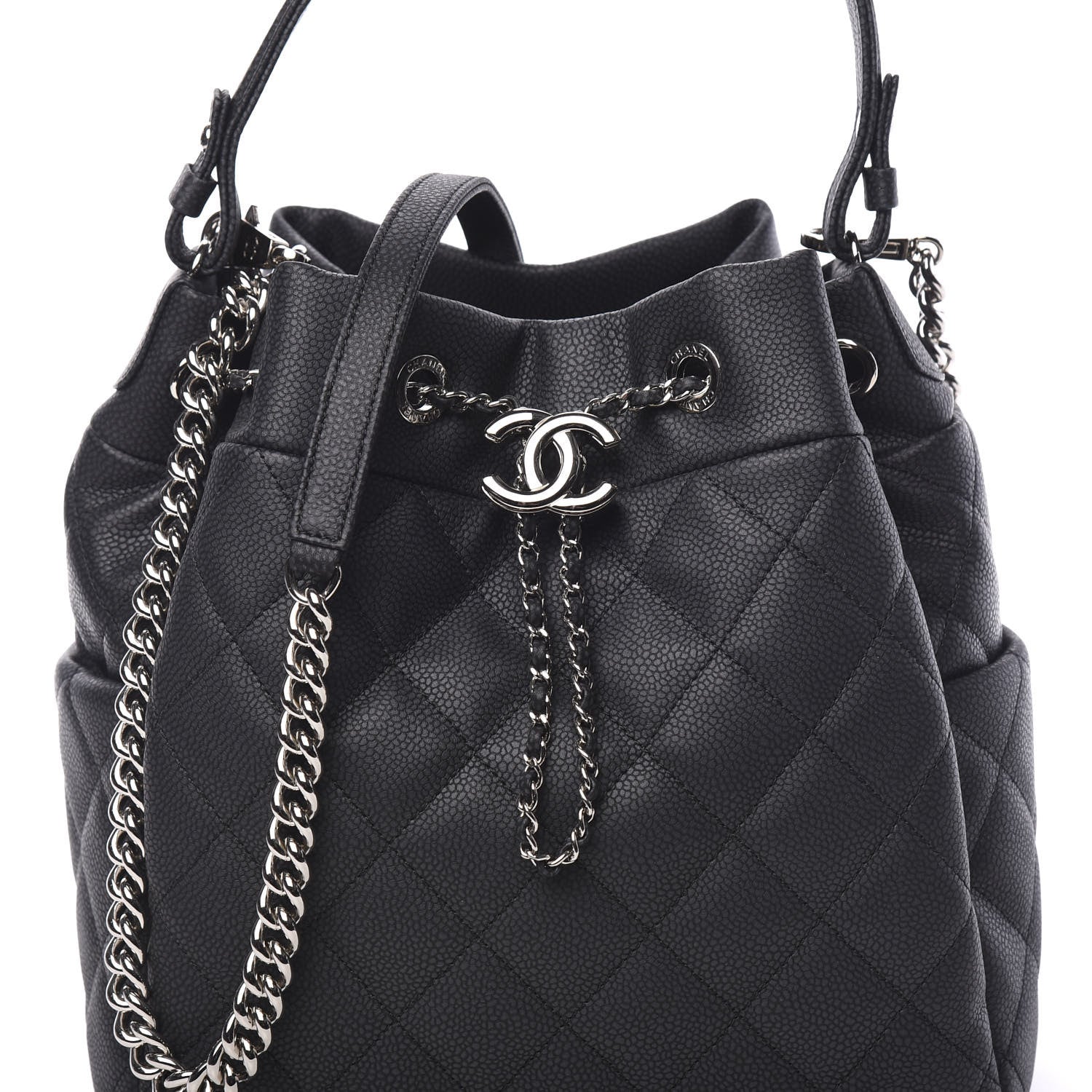 Chanel Grained Calfskin Quilted Medium CC Chain Bucket Drawstring Bag Grey 7 of 10