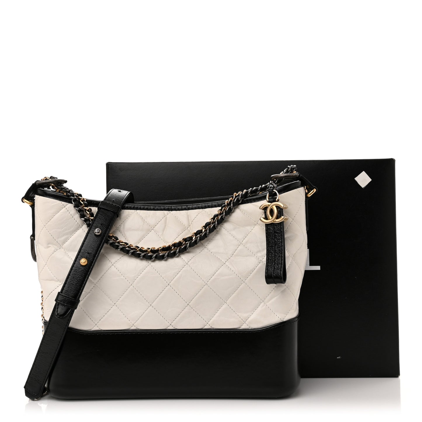 Aged Calfskin Quilted Medium Gabrielle Hobo Black White