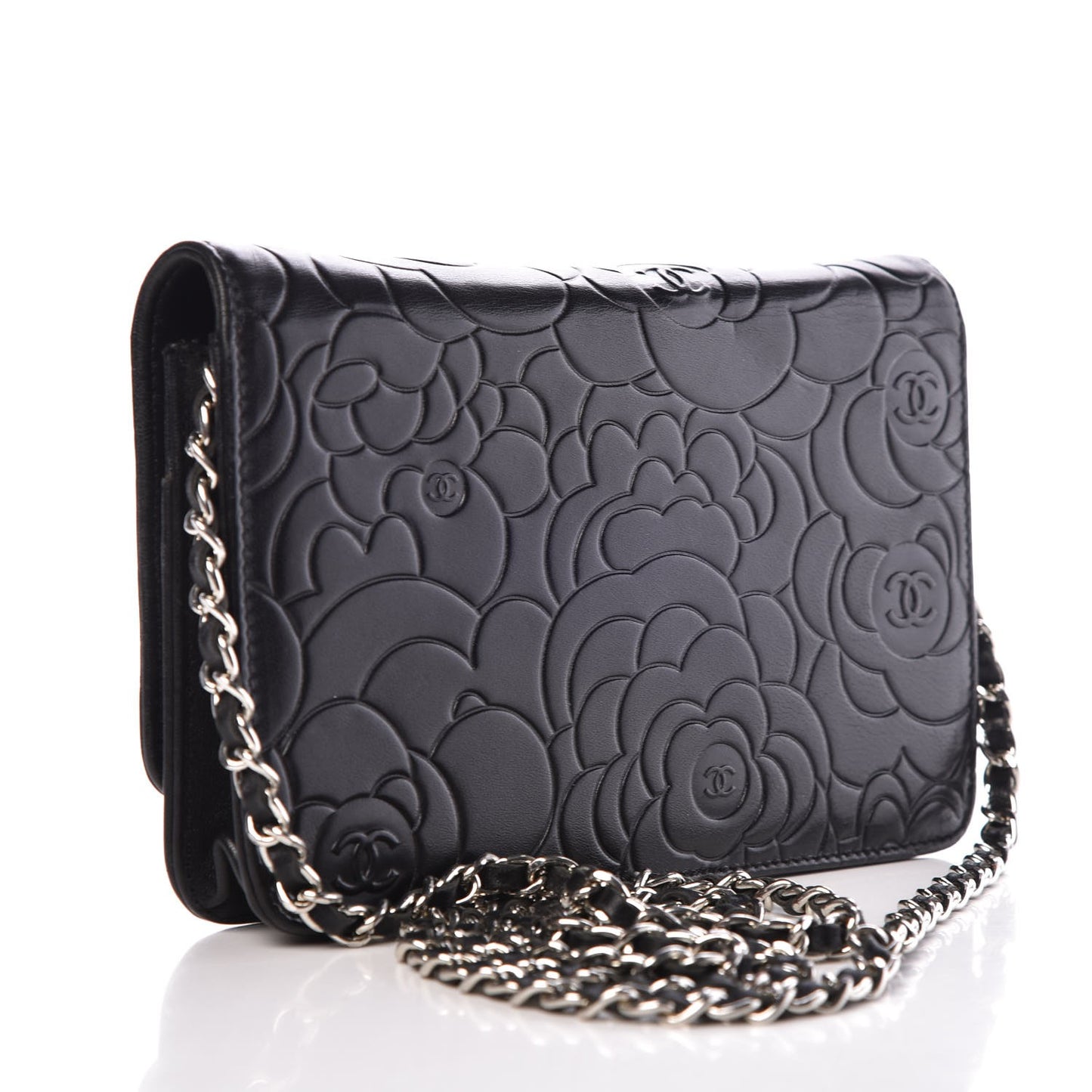 Lambskin Camellia Embossed Wallet on Chain WOC Black