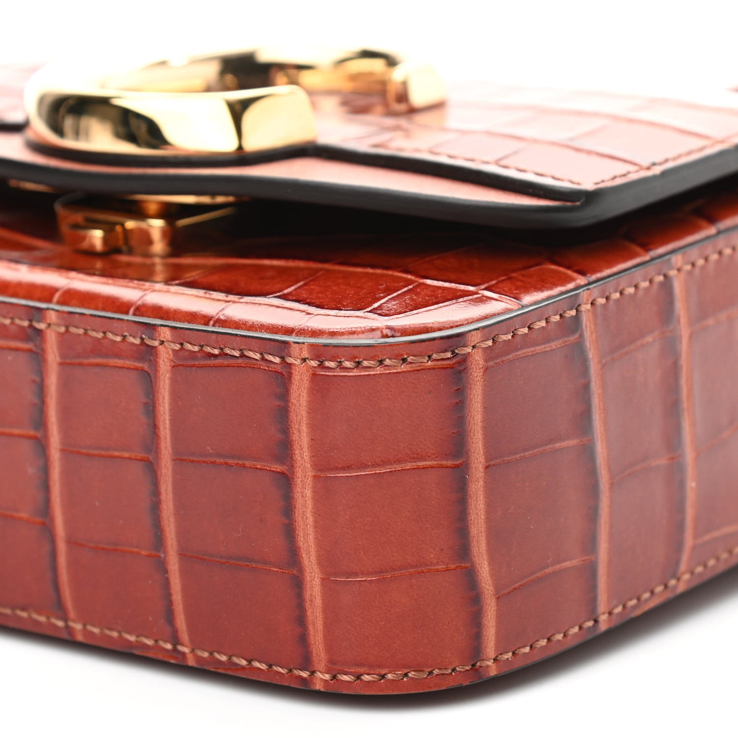 Calfskin Crocodile Embossed Mini C Double Carry Chestnut Brown