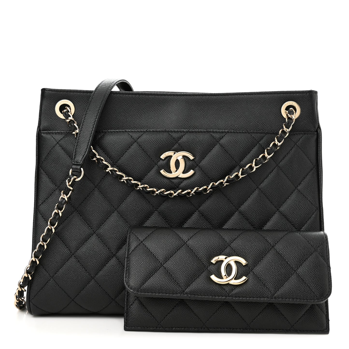 Caviar Quilted In Out Flap Shopping Tote Black