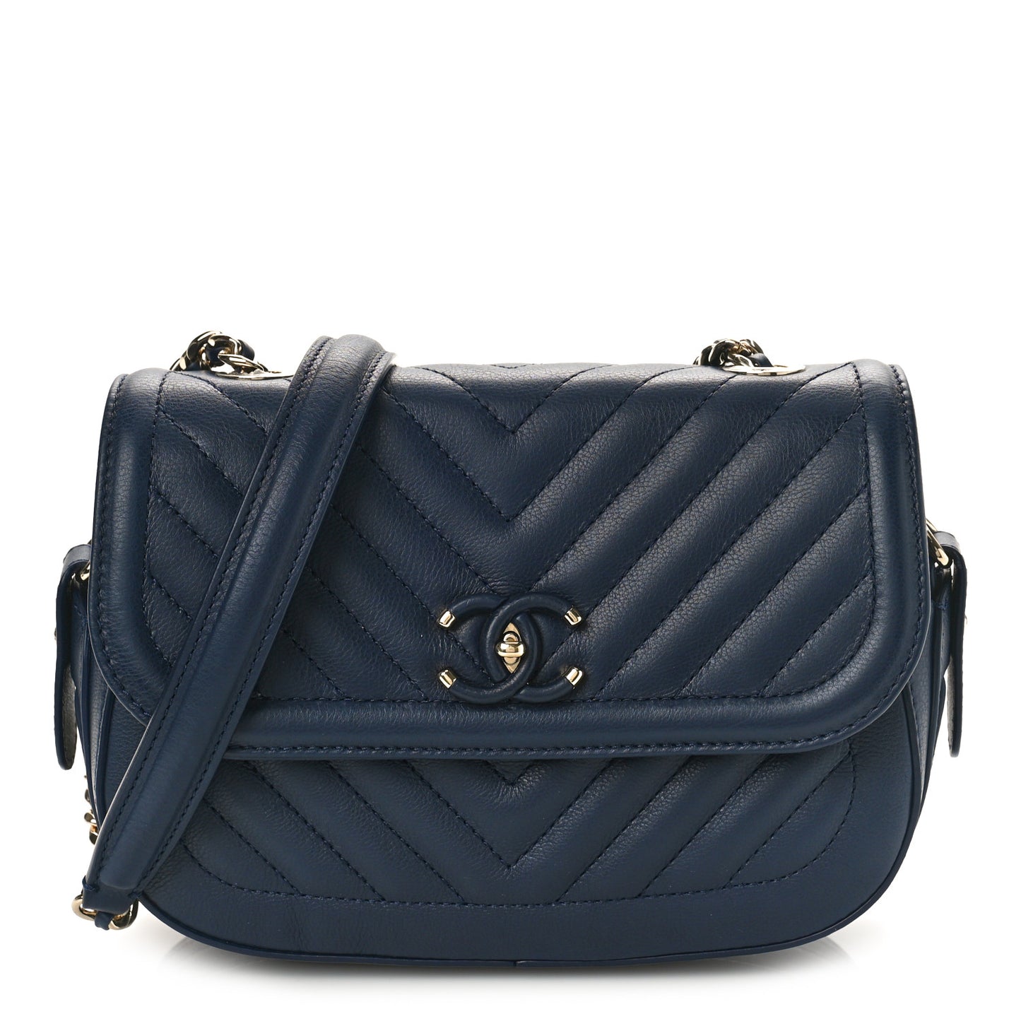 Calfskin Chevron Quilted Small Messenger Flap Navy
