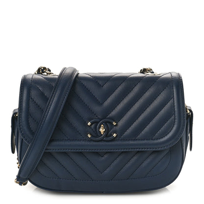 Chanel Calfskin Chevron Quilted Small Messenger Flap Navy 1 of 9