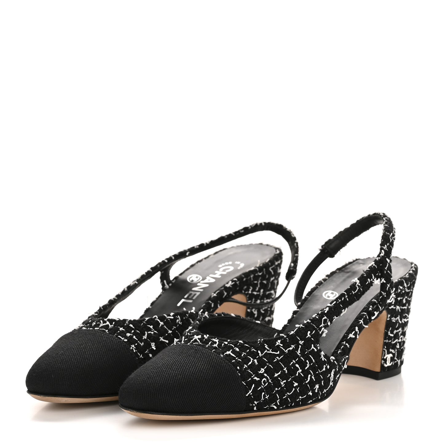 Tweed Grosgrain Cap Toe CC Slingback Pumps 39 Black White