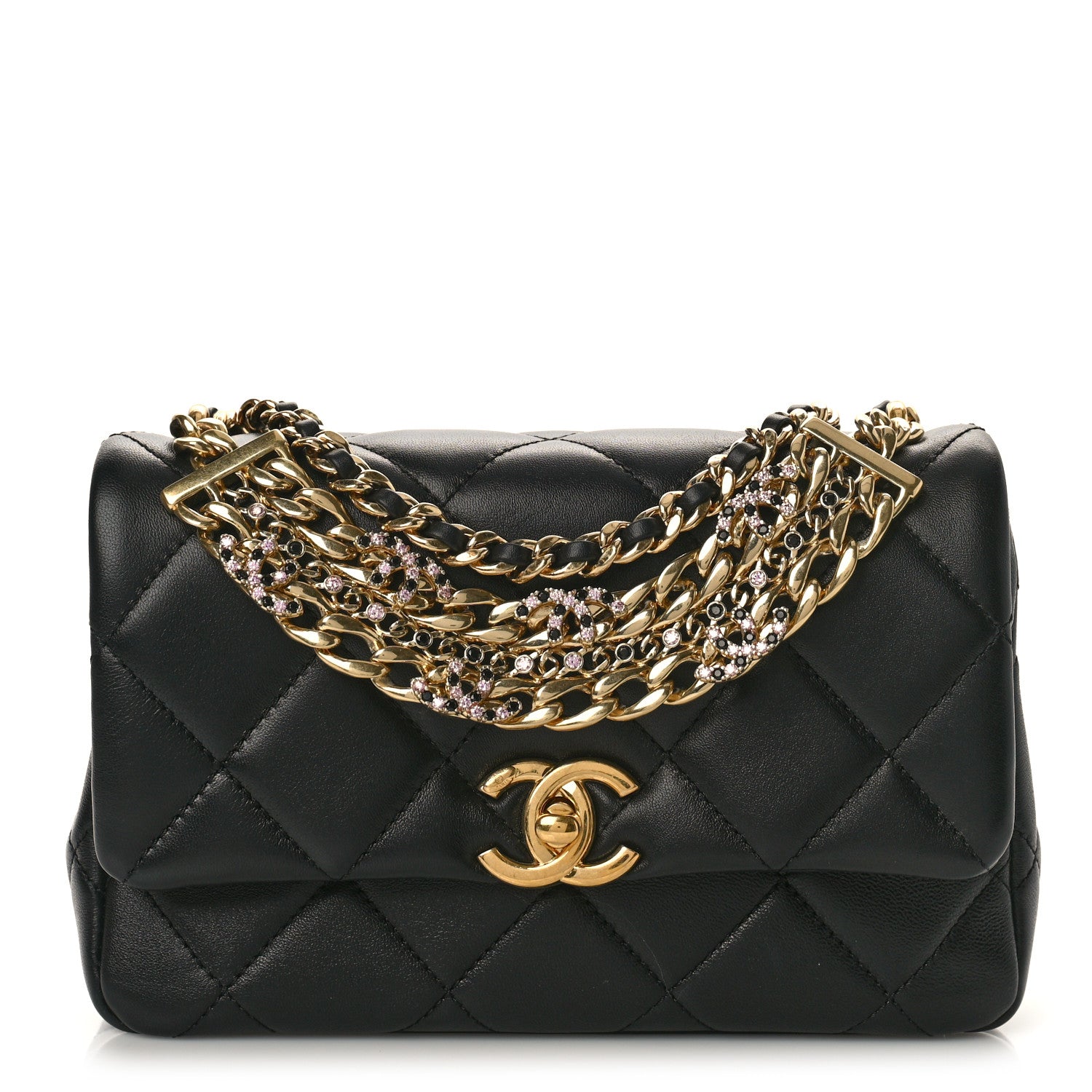Chanel Lambskin Quilted Mini CC Crystal Logo Chain Flap Black 1 of 9