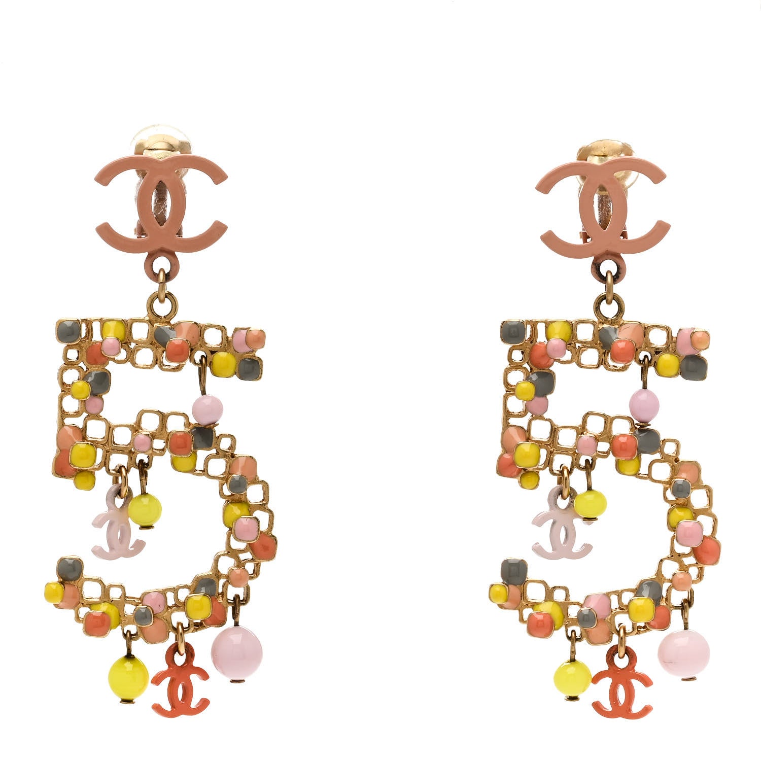 Chanel Resin CC Dangle No 5 Clip On Drop Earrings Gold Pink Multicolor 1 of 4