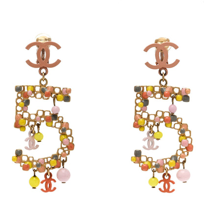 Chanel Resin CC Dangle No 5 Clip On Drop Earrings Gold Pink Multicolor 1 of 4