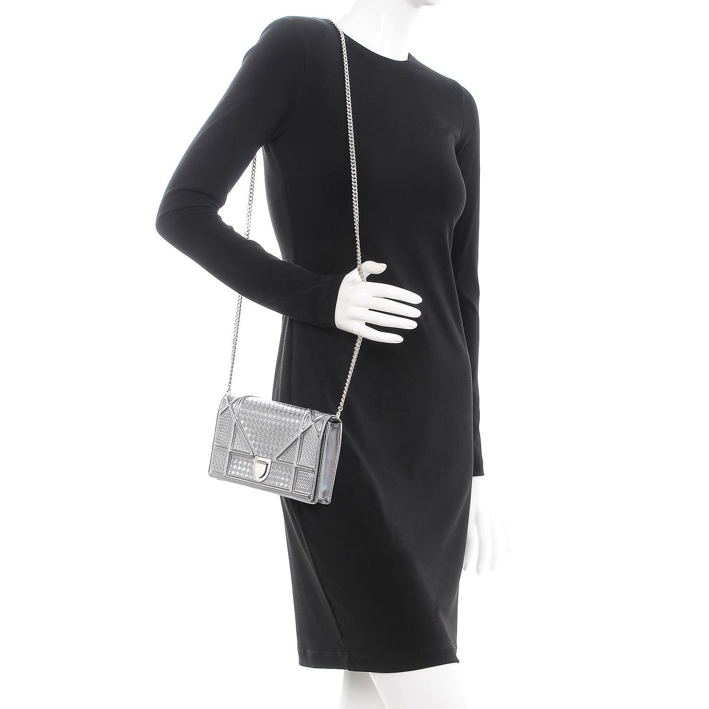 Metallic Patent Micro-Cannage Diorama Wallet on Chain Pouch Silver