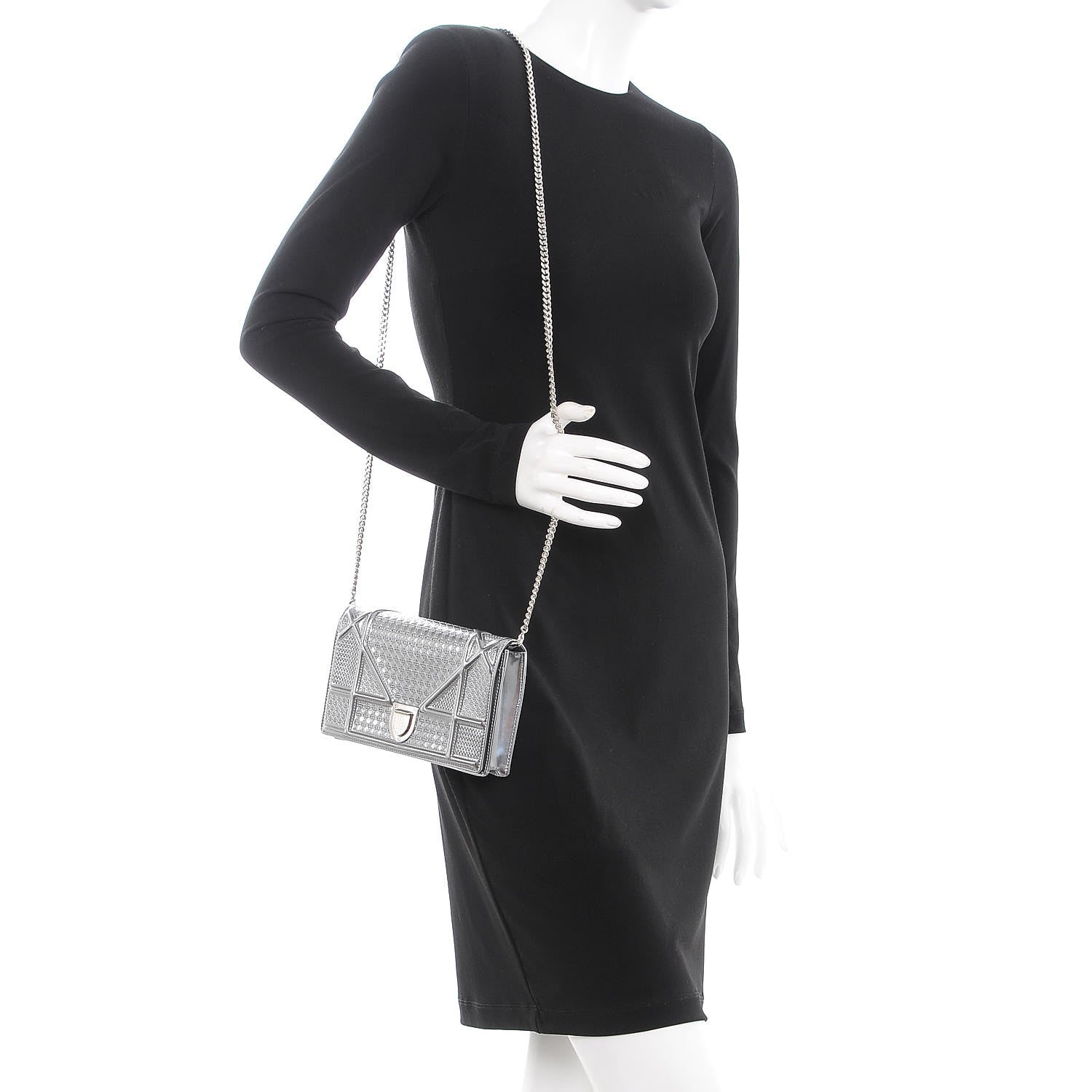 Christian Dior Metallic Patent Micro-Cannage Diorama Wallet on Chain Pouch Silver 2 of 10