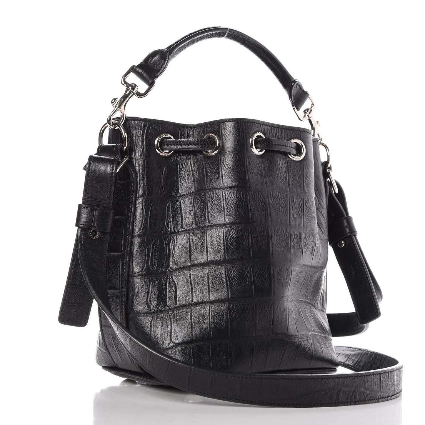 Croc Calfskin Embossed Small Emmanuelle Bucket Bag Black