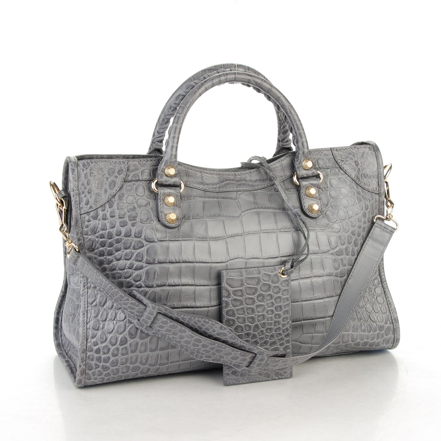 Calfskin Crocodile Embossed Giant 12 Gold Hardware City Gris Beton