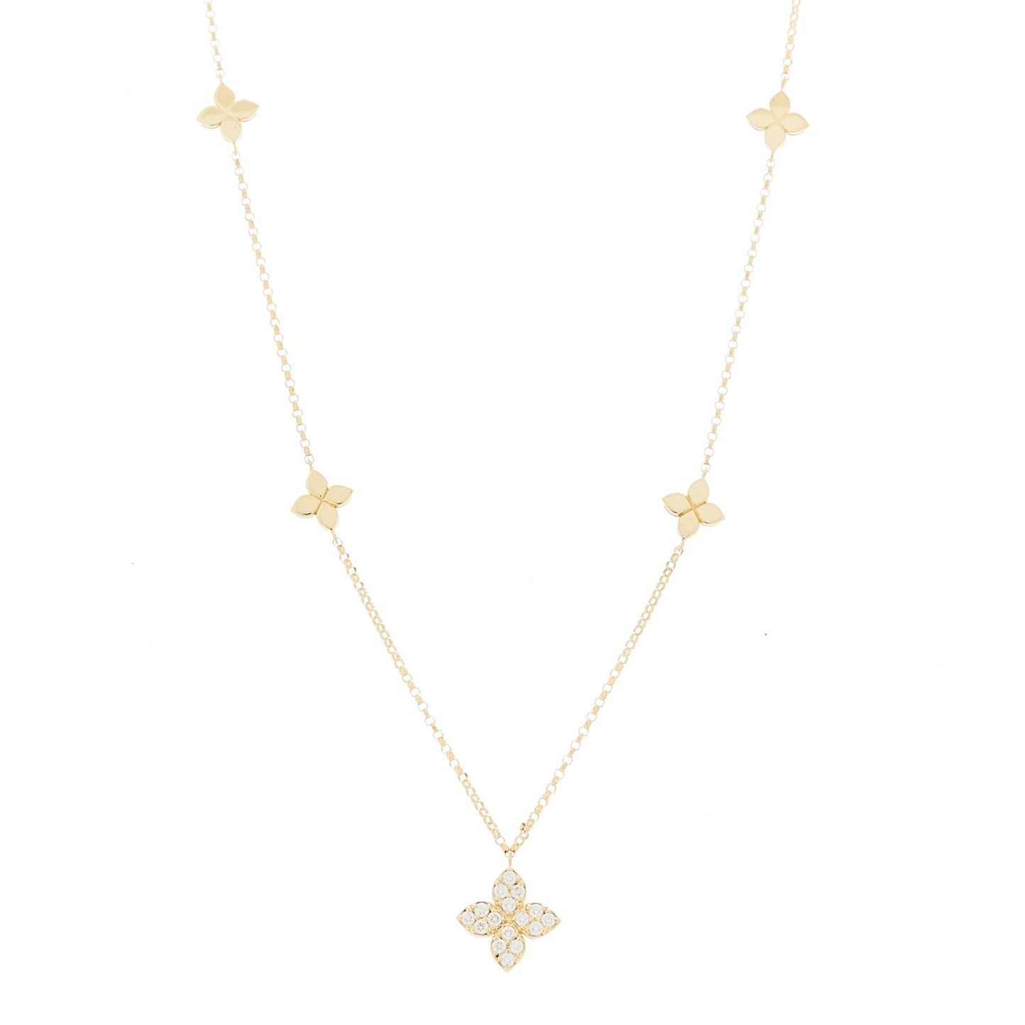 18K Yellow Gold Diamond Princess Flower Charm Station Necklace