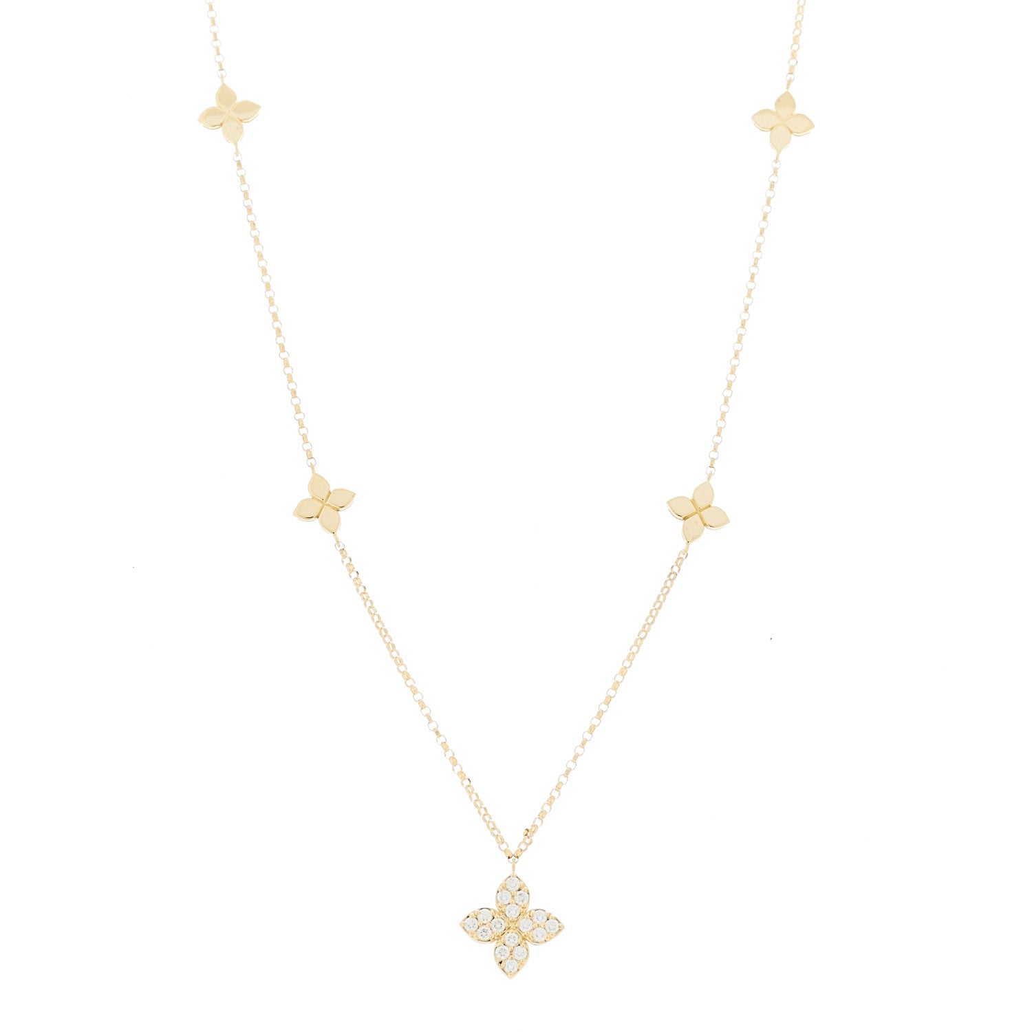 Roberto Coin 18K Yellow Gold Diamond Princess Flower Charm Station Necklace 1 of 7