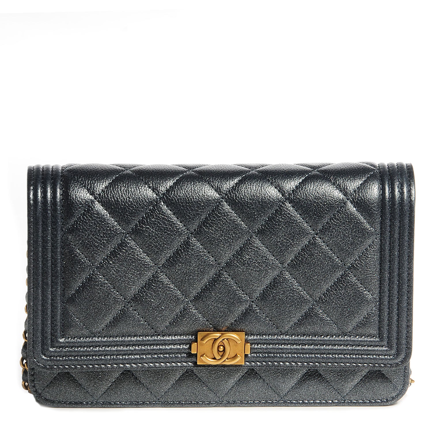 Chanel Metallic Calfskin Quilted Boy Wallet On Chain WOC Charcoal 1 of 9