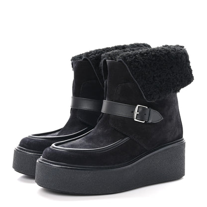 Hermes Suede Shearling Womens Hemisphere Ankle Boots 38 Black 3 of 8