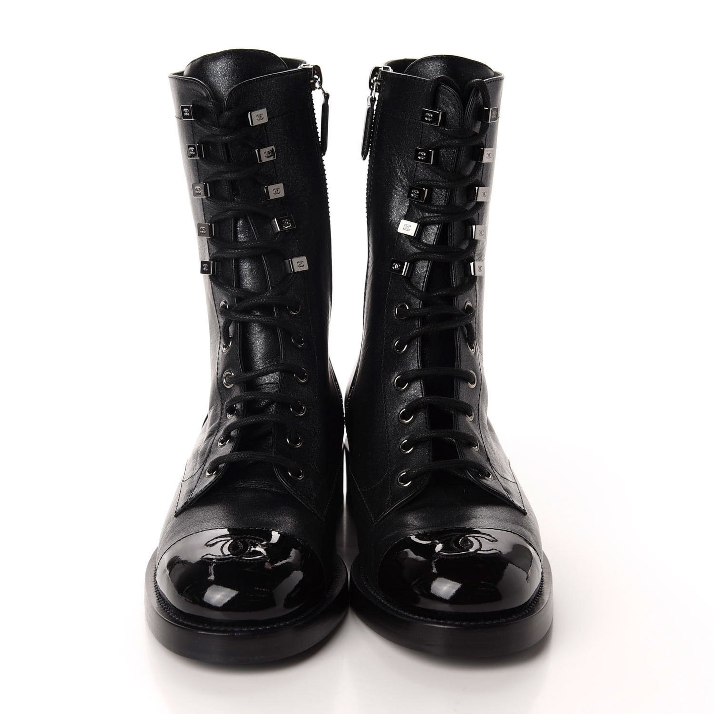 Iridescent Calfskin Lace Up Combat Boots 38 Black