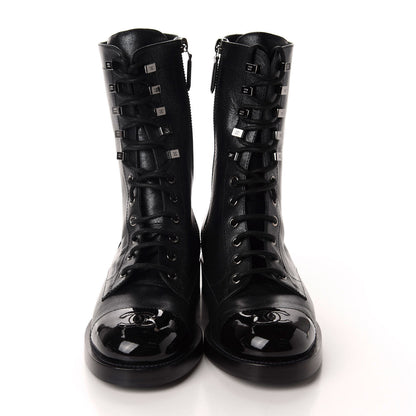 Chanel Iridescent Calfskin Lace Up Combat Boots 38 Black 2 of 9