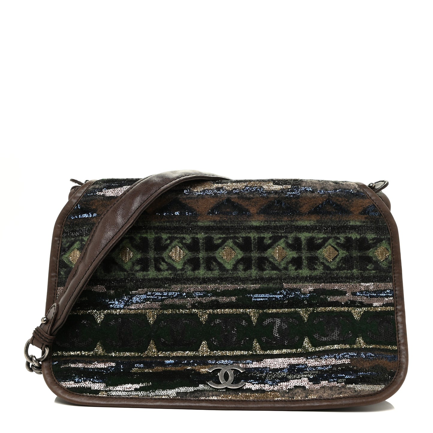 Calfskin Felt Sequin Embroidered Flap Shoulder Bag Brown