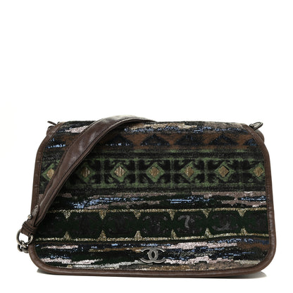 Chanel Calfskin Felt Sequin Embroidered Flap Shoulder Bag Brown 1 of 14