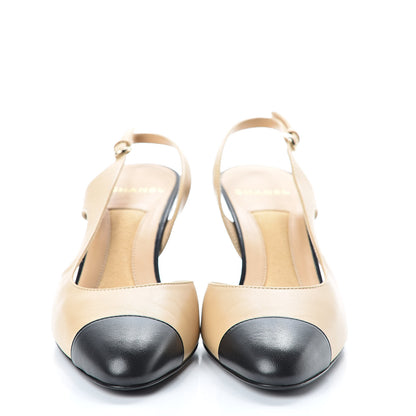 Chanel Lambskin Cap Toe CC Slingback Pumps 37.5 Beige Black 2 of 11