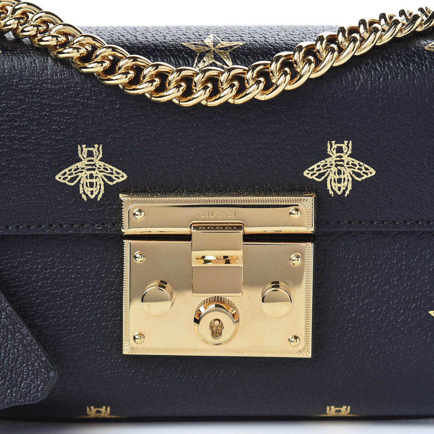 Grained Calfskin Bee Star Small Padlock Shoulder Bag Black