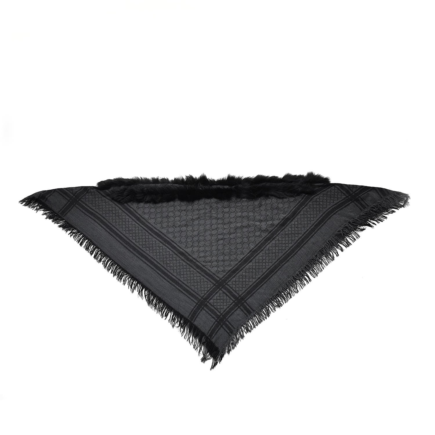 Gucci Wool Silk Fox Fur Monogram Shawl Scarf Black 3 of 8