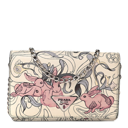 Prada X JAMES JEAN Glace Calfskin Rabbit Print Wallet On Chain Opaline 1 of 10