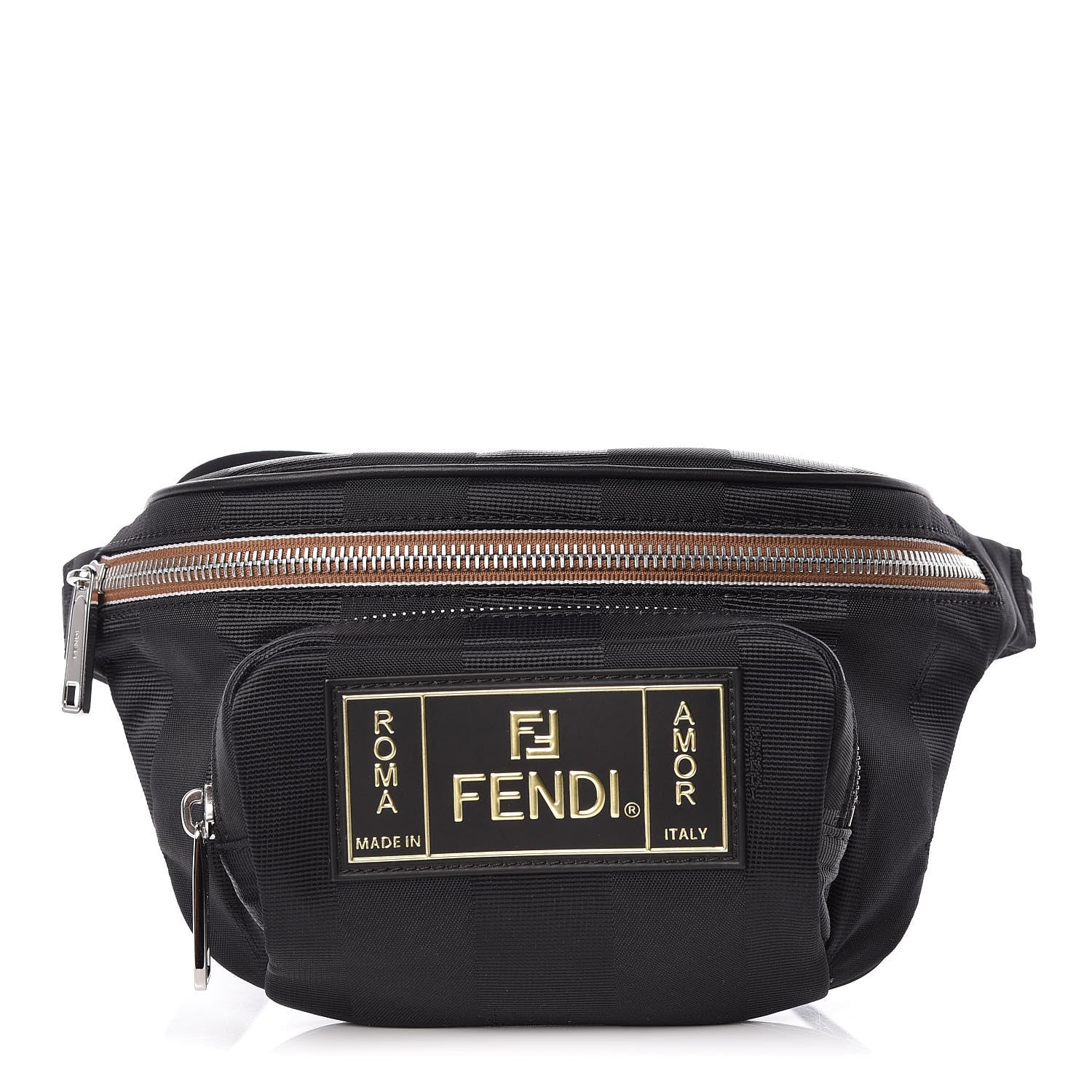 Fendi Nylon Vitello Century Pequin Logo Plate Pocket Belt Bag