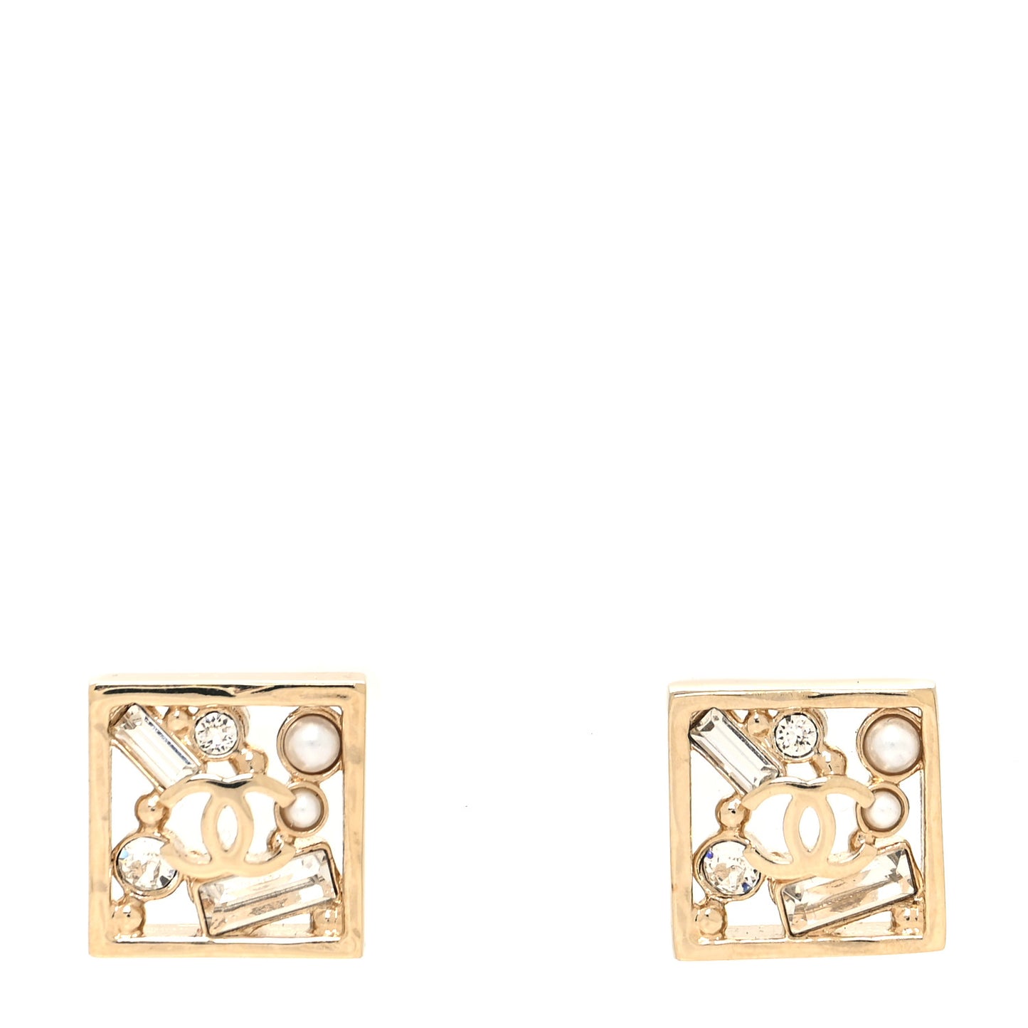 Crystal Pearl CC Square Earrings Gold
