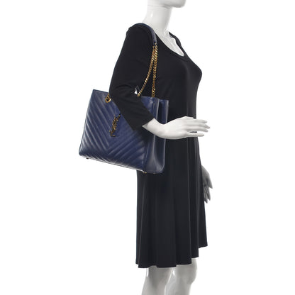 Saint Laurent Grain De Poudre Matelasse Chevron Monogram Shopping Bag Deep Marine 2 of 19