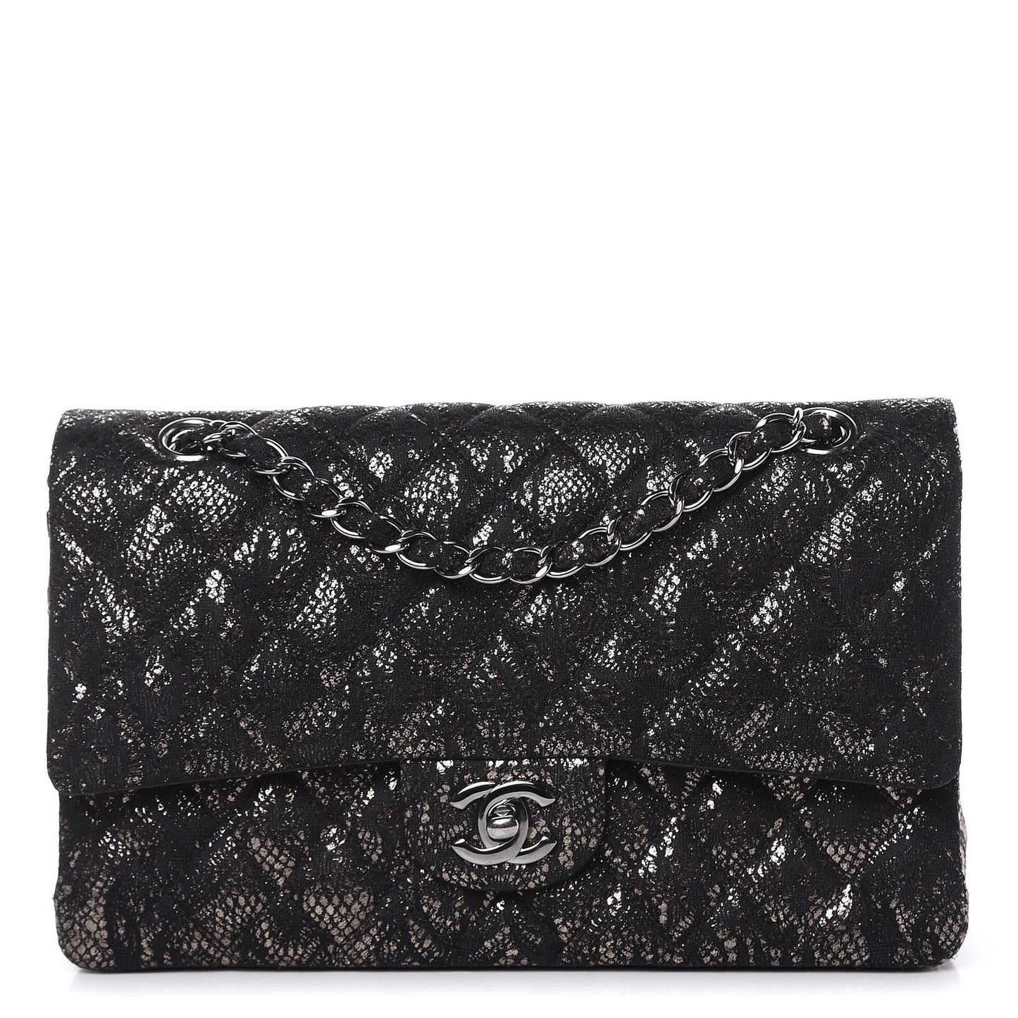 Lace Metallic Goatskin Medium Double Flap Black Silver