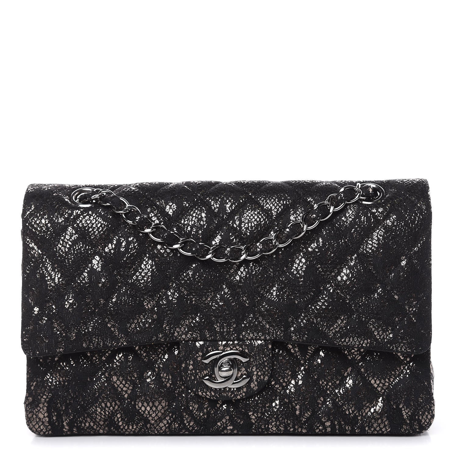 Chanel Lace Metallic Goatskin Medium Double Flap Black Silver 1 of 13