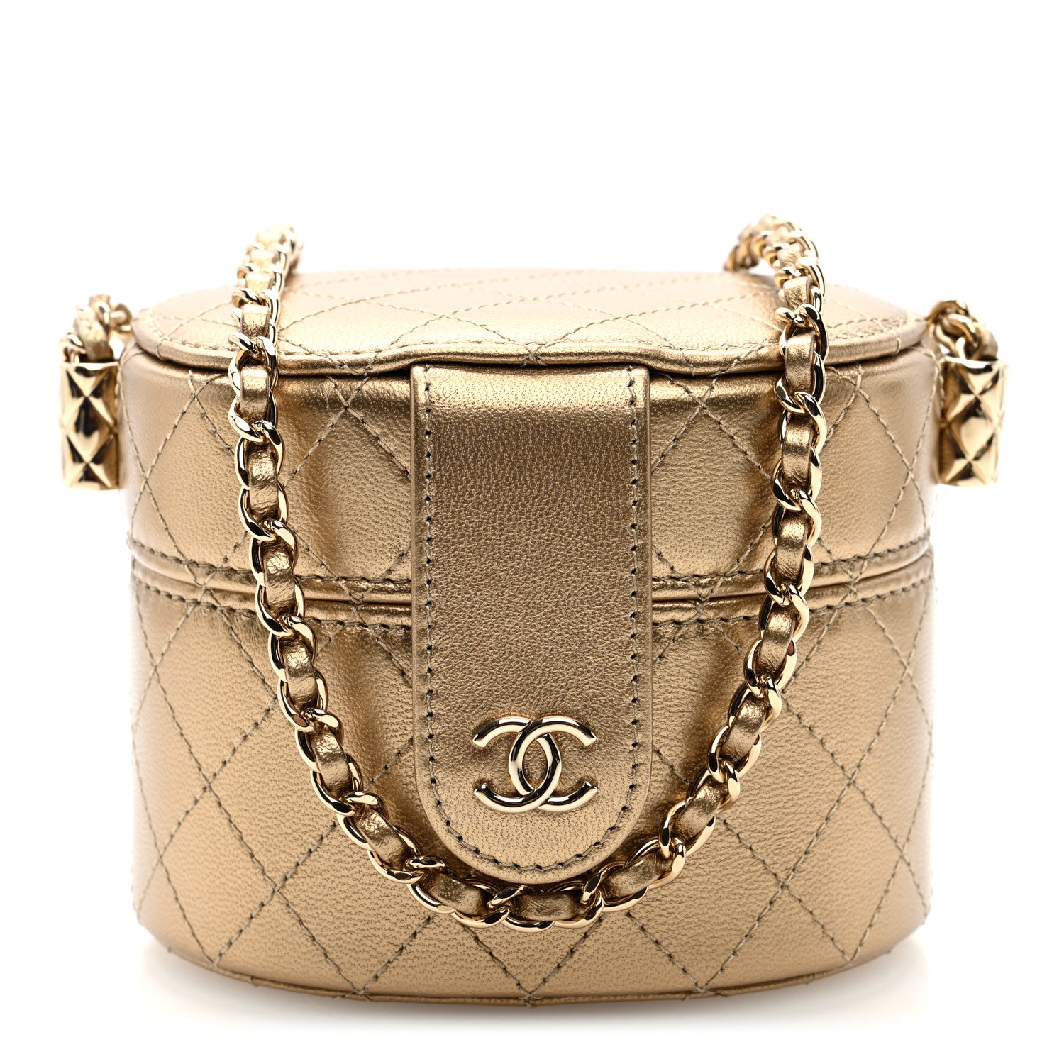 Chanel Metallic Lambskin Quilted Round Mini Vanity Case With Chain Gold 1 of 11