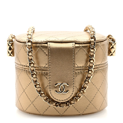 Chanel Metallic Lambskin Quilted Round Mini Vanity Case With Chain Gold 1 of 11