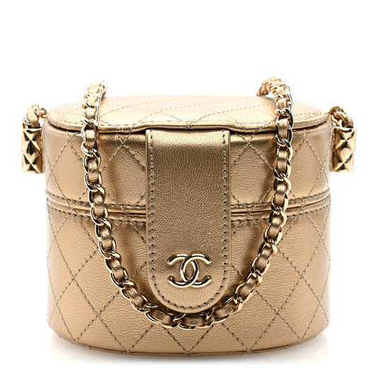 Metallic Lambskin Quilted Round Mini Vanity Case With Chain Gold