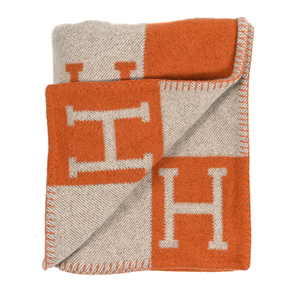 Hermes Wool Cashmere Signature Classic Avalon Blanket Ecru Potiron 2 of 4