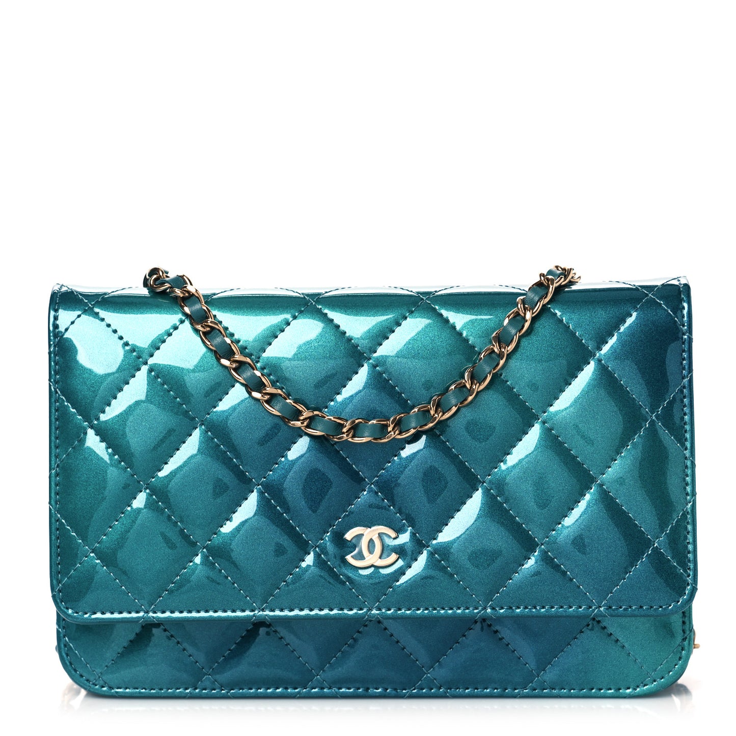 Shaded Patent Calfskin Quilted Wallet On Chain WOC Green Blue