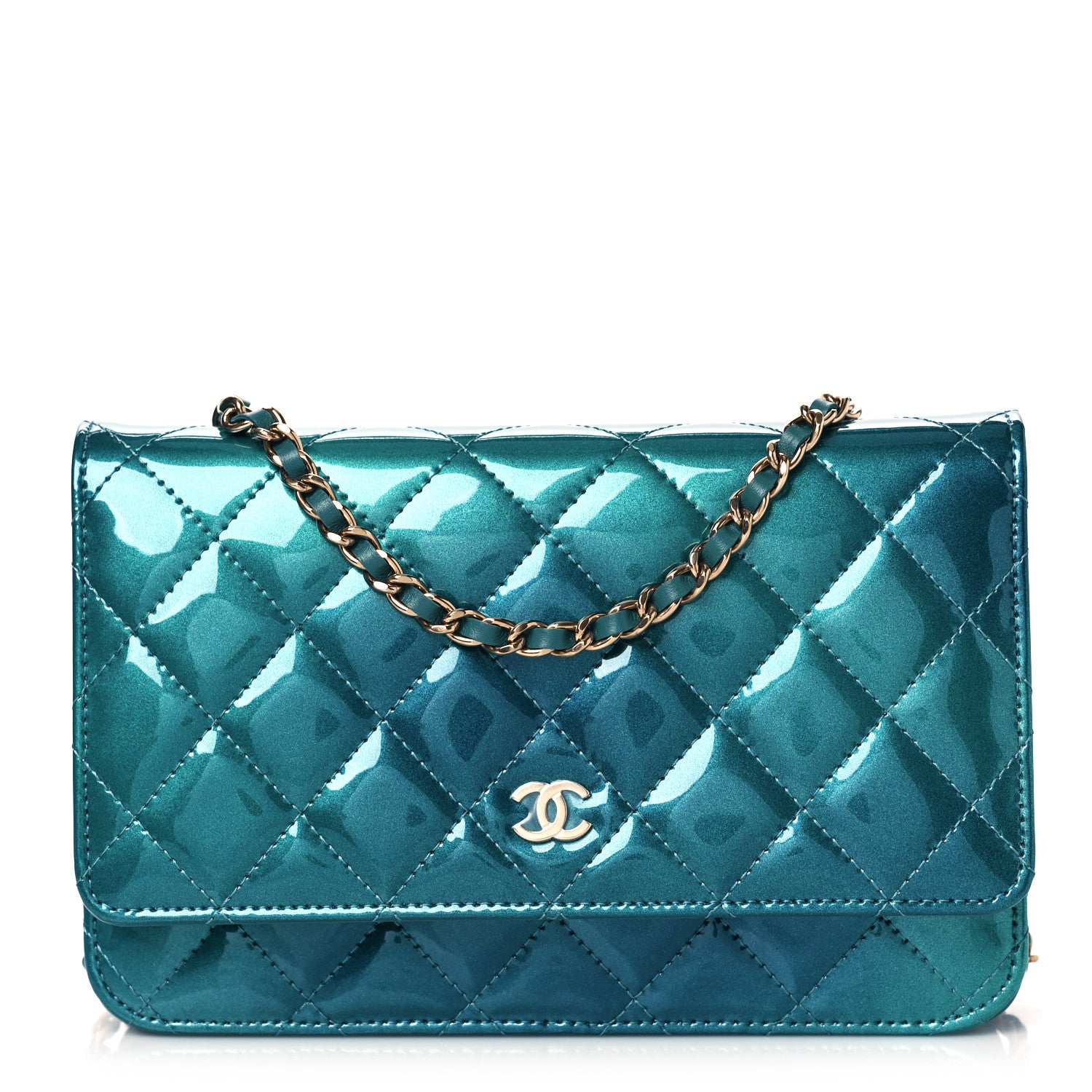 Chanel Shaded Patent Calfskin Quilted Wallet On Chain WOC Green Blue 1 of 10