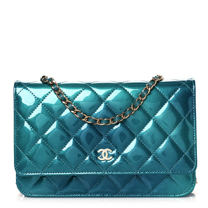 Chanel Shaded Patent Calfskin Quilted Wallet On Chain WOC Green Blue 1 of 10