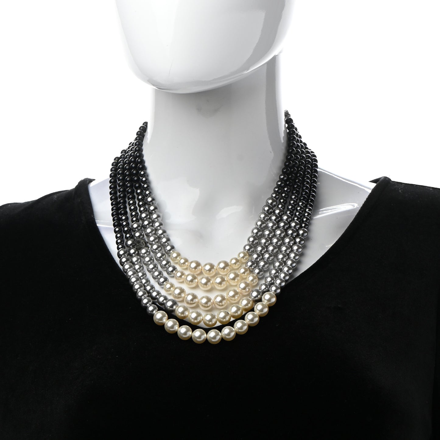 Graduated Pearl CC Multi Strand Short Necklace Ruthenium Grey Black