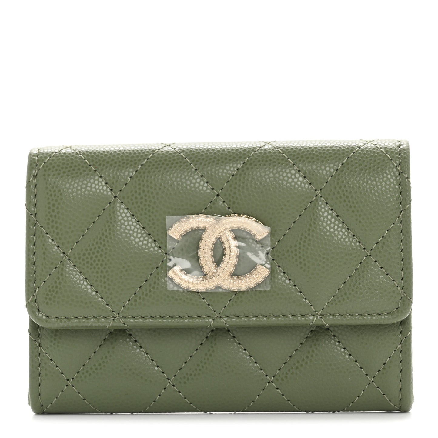 Caviar Quilted CC Glitter Flap Card Holder Khaki