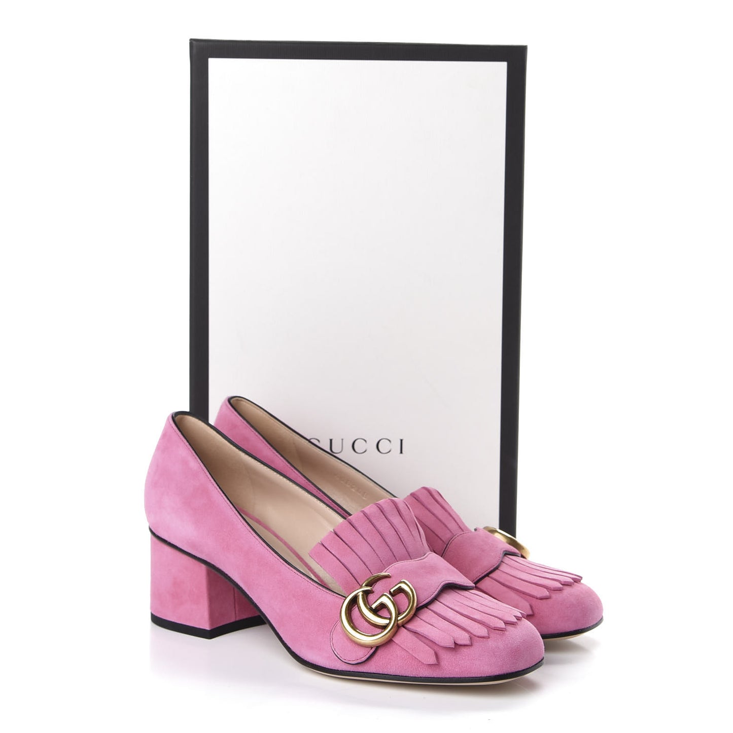 Kid Scamosciato GG Marmont Fringe 50mm Loafer Pumps 37 Hot Pink