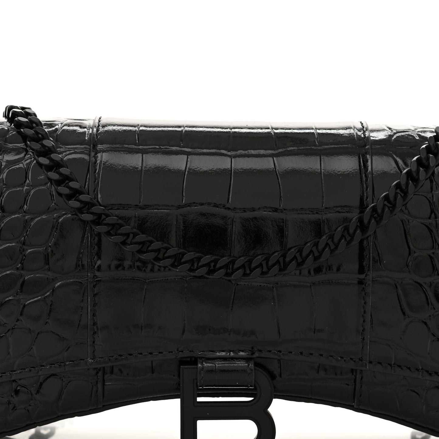 Shiny Calfskin Monochrome Crocodile Embossed Hourglass Chain Bag Black