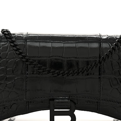 Balenciaga Shiny Calfskin Monochrome Crocodile Embossed Hourglass Chain Bag Black 8 of 13