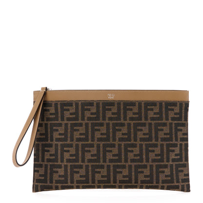 Fendi Vitello King Jacquard FF 1974 Medium Flat Pouch Tobacco Moro Sand 1 of 9