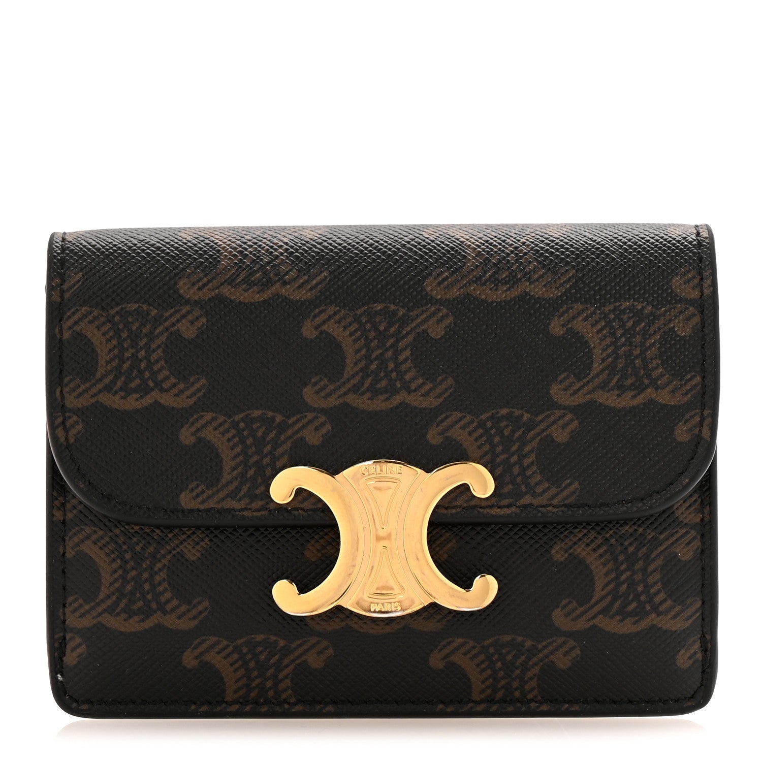 Celine Triomphe Canvas Calfskin Flap Card Holder Tan 1 of 11