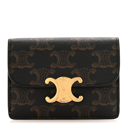 Celine Triomphe Canvas Calfskin Flap Card Holder Tan 1 of 11