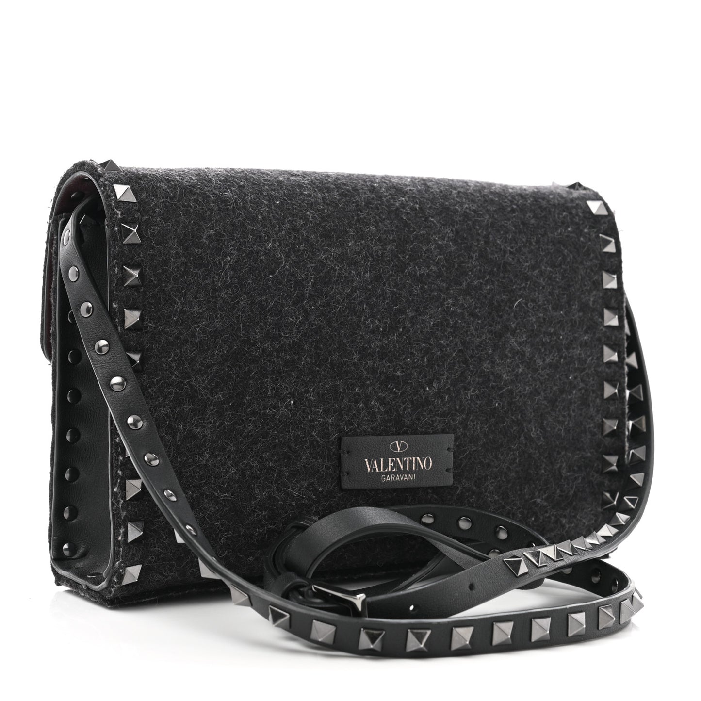 Wool Calfskin Medium Rockstud Flip Lock Crossbody Bag Black